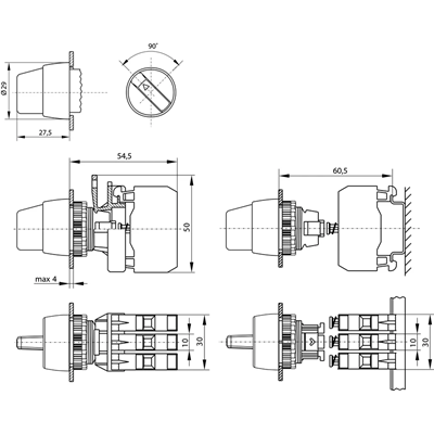 Two-position twist switch, white, 1 normally open contact, 1 normally closed contact, illuminated