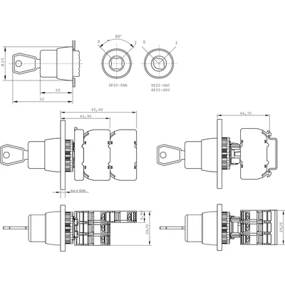 Two-position twist switch with key, 1 normally open contact, nickel-plated ring