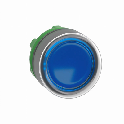 Typical flat hooded blue push-button, LED plastic, self-resetting