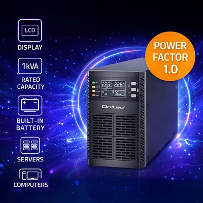 UPS Qoltec | 1 kVA | 1000 W | Factor de potencia 1.0 | LCD | EPO | USB | Conexión en línea