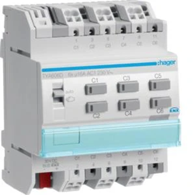 Uscita binaria KNX 6 volte 16A carico C 4 moduli