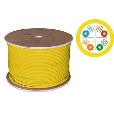 U/UTP category 6 cable, telecommunications, LSOH, B2ca FireHardy 4x2x23 AWG, 1Gb/s (10Gb/s up to 55m), 450 MHz, 25-year warranty, INTERTEK ETL certified, yellow, 500m - ALANTEC