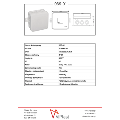 V5 12-inlet flexible wall-mounted box with knockouts 75x75x41mm IP54 click-clack white