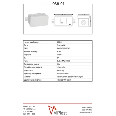 V8 8-inlet flexible surface-mounted box with knockouts 80x45x41mm IP54 click-clack white