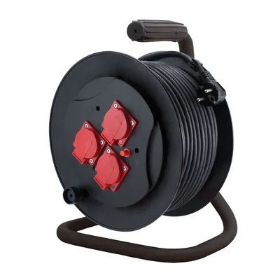 Verlängerungskabel auf Trommel 3x2P+Z (3 Steckdosen IP-44) Gummi H05RR-F 3x1,5 mm² - 25 m MAX. 3600 W mit Überhitzungsschutz, Serie Strong PZB-111-25G