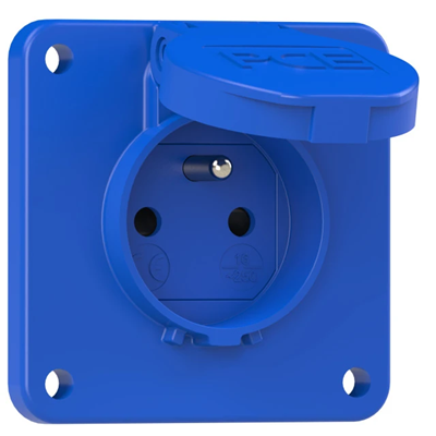 Versión enchufe con pin 16A 2P+Z 230V 50/60Hz IP54, brida de conexión trasera 75X75, protección infantil, contactos niquelados