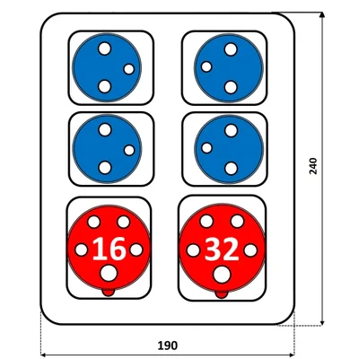 Verteilerkasten 1 x 16 A/5-polig; 1 x 32 A/5-polig; 4 x 250 V; TVM 21; IP54