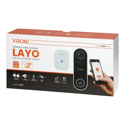 Videocitofono wireless LAYO con videocamera Full HD, WiFi, IP65, batteria ricaricabile, comunicazione con smartphone tramite app Tuya, ricevitore di rete incluso, 60 squilli