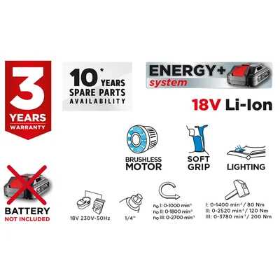 Visseuse à chocs sans fil Energy+ 18 V Li-Ion sans balais, sans batterie