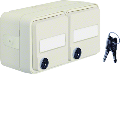 W.1 Schuko 2P+E key socket with description field, 2-gang complete IP55 white