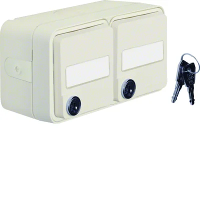 W.1 Schuko 2P+E Schlüsselsteckdose mit Beschreibungsfeld, 2fach komplett IP55 weiß