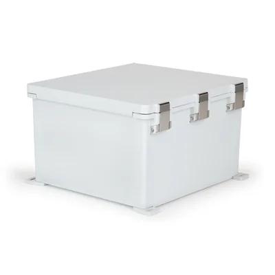Wall-mount polycarbonate enclosure, gray cover, metal latches plus hinges, UL, IP 69, 18.0 x 16.0 x 10.0 inches (inside dimension)