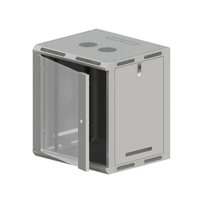 Wall-mounted cabinet 19 12U 600x500, undivided, single-leaf glass door, solid back panel, perforated movable side panels, gray, 4 beams, FLAT PACK ALANTEC