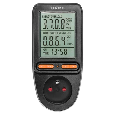 Wattmeter, energy calculator with LCD display, black
