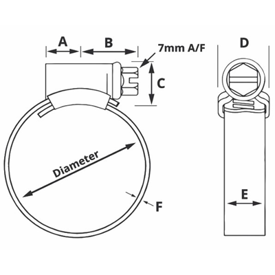 Worm clamp HGSS 50 HI GRIP made of 304 stainless steel, range of clamped diameters 35 - 50mm (1 3/8 - 2 inches)