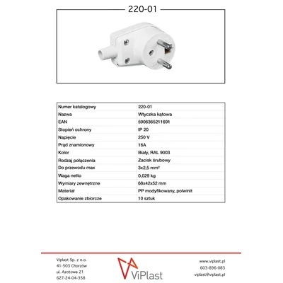 Wtyczka kątowa 16A 230V IP20 biały