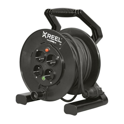 XREEL Cable alargador carrete 4 tomas 30m H05RR-F 3x2.5 IP20 tapón goma negro