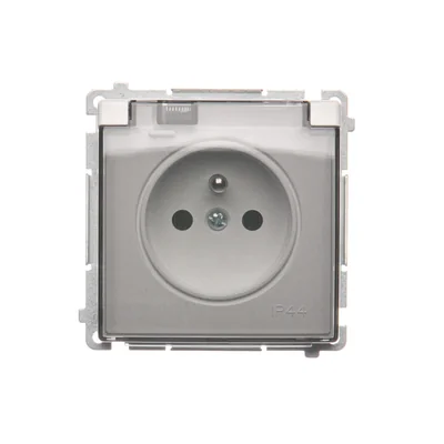 Zásuvka s uzemněním, ochrana proti stříkající vodě IP44 (modul), 16A 250V, šroubovací svorky. Průhledná bílá klopa