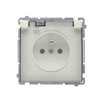 Zásuvka s uzemněním, ochrana proti stříkající vodě IP44 (modul), 16A, 250V, šroubovací svorky. Průhledná klopa, béžová