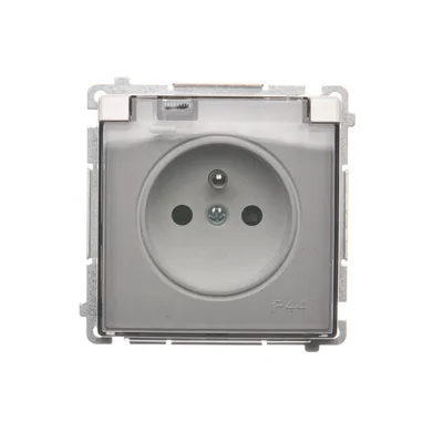 Zásuvka s uzemněním, s uzávěrem. proudové cesty, odolný proti stříkající vodě IP44 (modul), 16A, 250V, šroubovací svorky, klapka transp