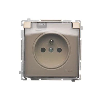 Zásuvka s uzemněním, s uzávěrem. proudové cesty, odolný proti stříkající vodě IP44 (modul), 16A, 250V, šroubovací svorky, transp