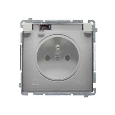 Zásuvka s uzemněním, s uzávěrem. proudové cesty, odolný proti stříkající vodě IP44 (modul), 16A, 250V, šroubovací svorky, transp.