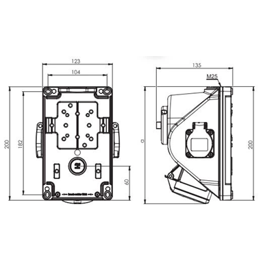 Zásuvka s vypínačem "COMBO-POL" IP44 16A 400V 3P+Z+N zásuvky 2x230V, vyp. 0-1